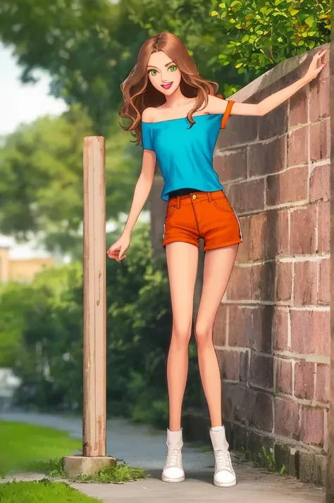 sexy, 1girl, skinny, medium breast, narrow waist, long brown hair, green eyes, big eyes, light pink lipstick, one shoulder tee orange shirt, blue shorts, white legs gaiters, black shoes, smile, open mouth, full body, backyard