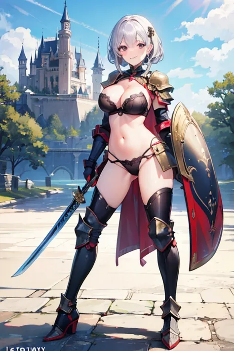 Woman knight、a beauty girl、huge tit、One-handed sword in right hand、A small shield in his left hand、Leotard Armor、s Armor、Nice Buddy、Armourny Boots、silber hair、gauntlets、Armor shoulder rest、is standing、full body seen、Navel out、gorgeous、in a castle、hair ador...