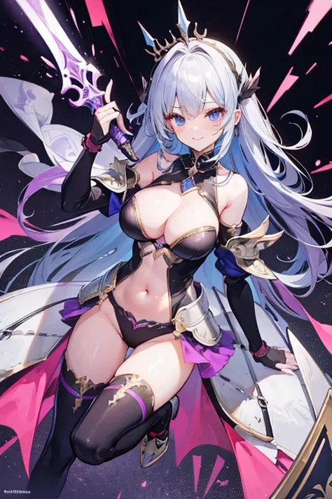 Woman knight、a beauty girl、huge tit、One-handed sword in right hand、A small shield in his left hand、Leotard Armor、s Armor、Nice Buddy、Armourny Boots、silber hair、gauntlets、Armor shoulder rest、is standing、full body seen、Navel out、gorgeous、in a castle、hair ador...