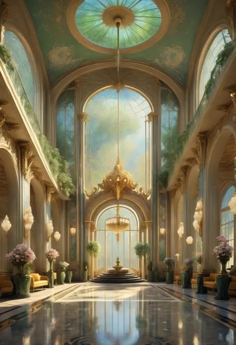 Art Deco, Palace lobby, by Claude Monet, octane render, fantasy art, whimsical, intricate, (best quality, masterpiece, Representative work, official art, Professional, 8k)