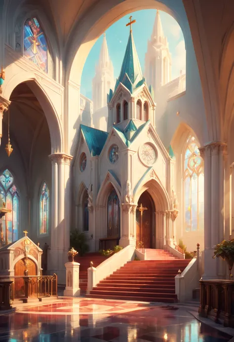 Art Deco, church, by Steve Henderson, octane render, fantasy art, whimsical, intricate, (best quality, masterpiece, Representative work, official art, Professional, 8k)