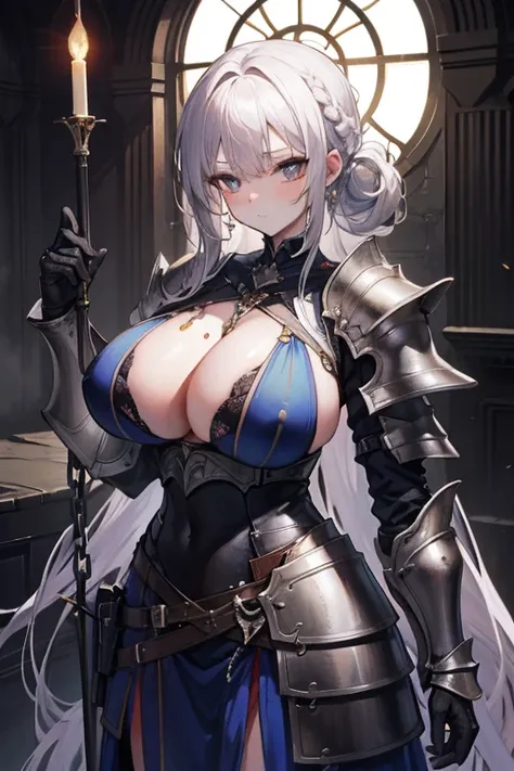 Striped hair, french braid, mismatched pupils, Chiaroscuro, illuminating, Gothic art, 16k, Best quality, Anatomically correct, High details，cavalier，holy paladin，Leather bandages，Metal chains，huge tit，(Armor)，Heavy armor，Gorgeous armor