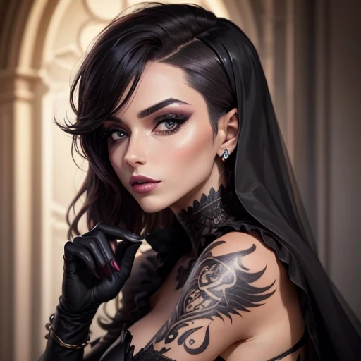 Femme gothique corbeau noir maquillage tatouage entiere debout 