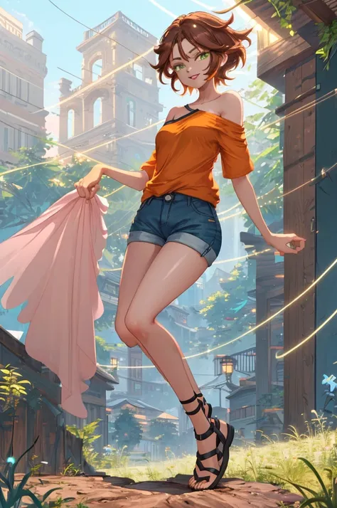 sexy, 1girl, skinny, medium breast, narrow waist, long brown hair, green eyes, big eyes, light pink lipstick, one shoulder tee orange shirt, blue shorts, white legs gaiters, black shoes, smile, open mouth, full body, backyard