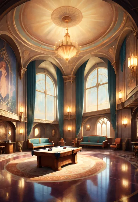 Art Deco, recreation room of castle, by Drew Struzan, octane render, fantasy art, whimsical, intricate, (best quality, masterpiece, Representative work, official art, Professional, 8k)