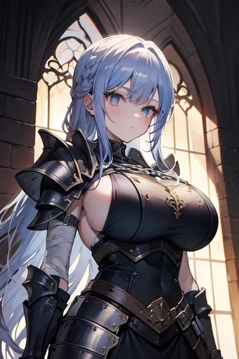 Striped hair, french braid, mismatched pupils, Chiaroscuro, illuminating, Gothic art, 16k, Best quality, Anatomically correct, High details，cavalier，holy paladin，Leather bandages，Metal chains，big tit，(Armor)，Heavy armor，Gorgeous armor