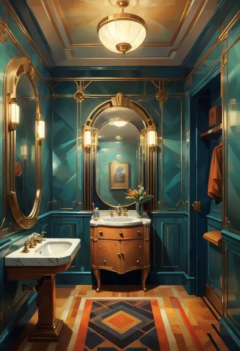 Art Deco, Cloakroom, by rhads, best quality, masterpiece, 8k