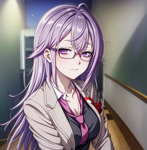 cartoon drawing of a person with a purple hair and a red tie, in an anime style, inspired by Unichi Hiratsuka, inspired by Matsumura Goshun, anime catboy, anime moe artstyle, sad vampire, in anime style, she has purple hair, tired haunted expression, tired...