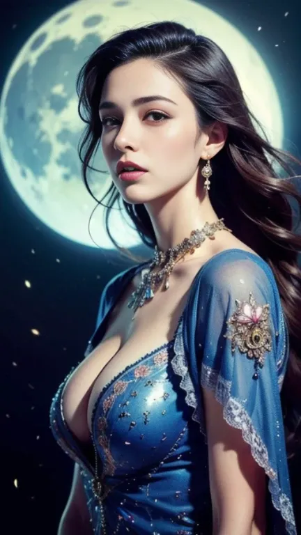 (masterpiece, top quality, best quality, official art, beautiful woman and aesthetic:1.2), (1girl), extreme detailed,(fractal art:1.3),colorful,highest detailed,upper body, [lace],[jewelry],[flower],[[butterfly]] , large moon at the sea background