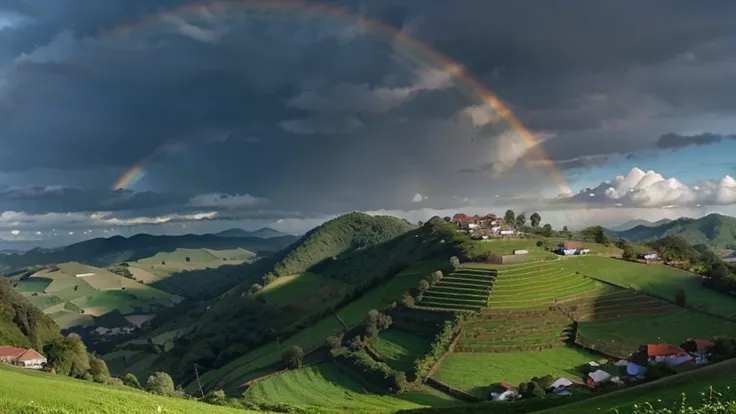 An enchanting landscape of Alegrolândia, with green hills, a bright blue sky and a rainbow in the background, conveying the magical atmosphere of the city.