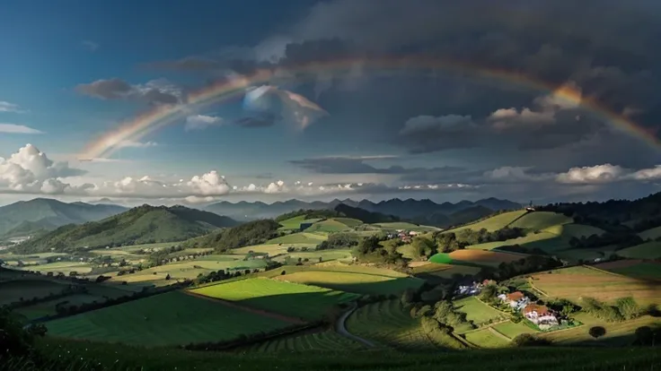 An enchanting landscape of Alegrolândia, with green hills, a bright blue sky and a rainbow in the background, conveying the magical atmosphere of the city.