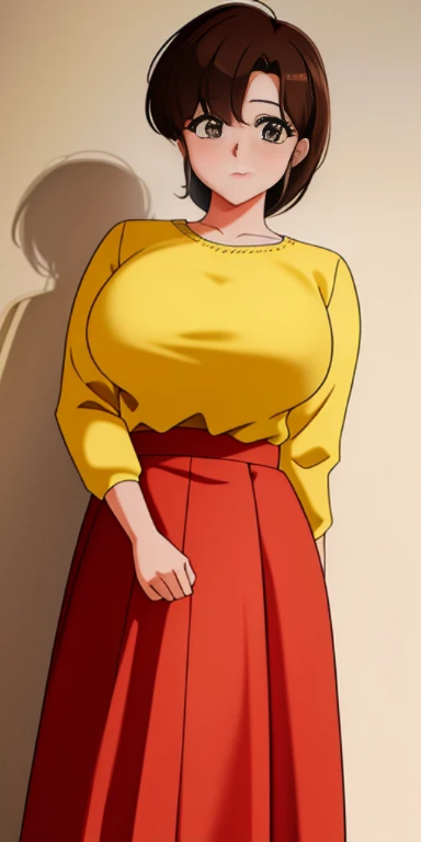 tendou_kasumi, , Yellow_Sweater_Red_Skirt, standing, solo, large breasts,, masterpiece, best quality, detailed face, detailed eyes, highres,