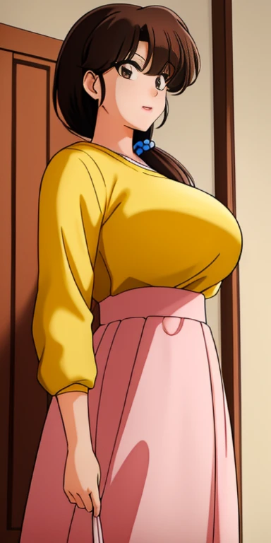 tendou_kasumi, , yellow_sweater_red_skirt, standing, solo, large breasts,, masterpiece, best quality, detailed face, detailed ey...