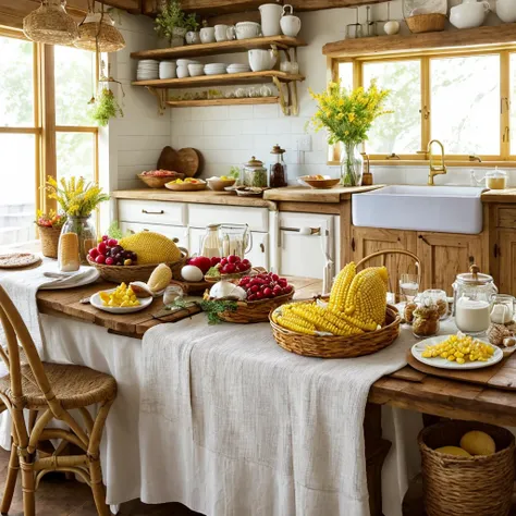 a table covered with a linen tablecloth, fresh golden-brown bread, fluffy rolls, ears of corn on the cob, a churn with creamy butter, a jar of golden honey, rustic wooden plates, a bouquet of wildflowers, dappled sunlight streaming through the window, a wa...