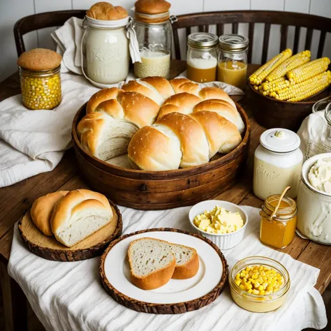 food, bread, rolls, ears of corn, a table with a linen tablecloth, butter in a churn, a jar of honey