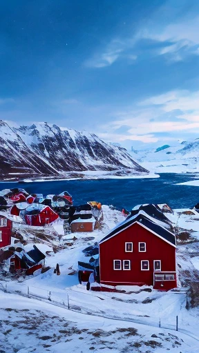 daytime，noon，perspective looking to the right:2.0，looking down:0.5，Snowy scene with many red houses and body of water, snowy Arctic environment, Snowfjord, White building with red roof, cold but beautiful, looks cool, Remote Icelandic village, Arctic, incr...