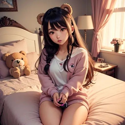 kawaii girly woman accompanied by teddy bear sitting on her bed playing a video game