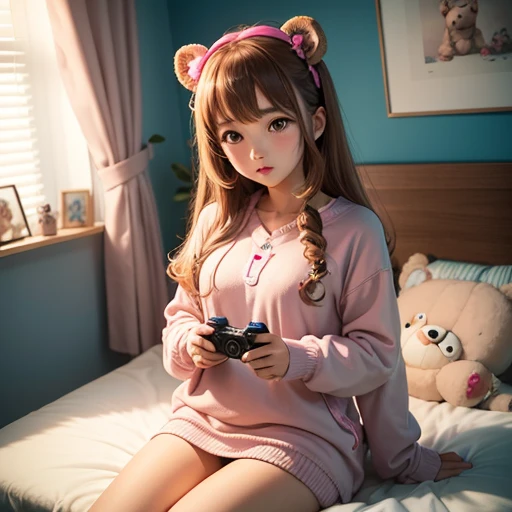 kawaii girly woman accompanied by teddy bear sitting on her bed playing a video game