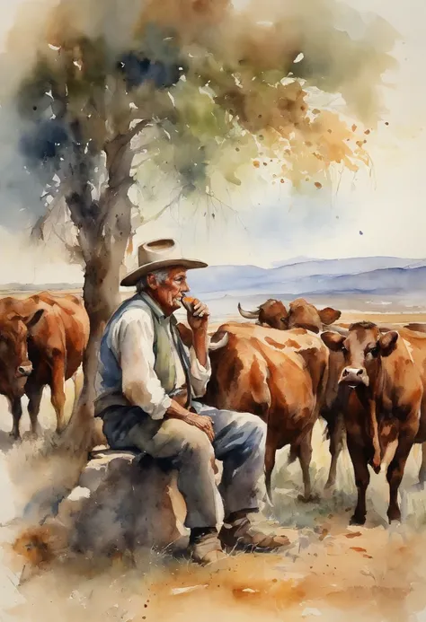 An old Gaucho sitting drinking mate looking at the herd of cows