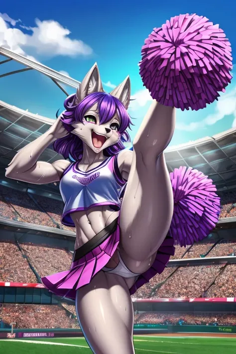 (((Wolf ))),(((Wolf girl))),anthro dog girl, body fur,cheerleader,HD,sharp,beautiful and detailed,woman ((anthro)),subdued Lavender color skin, long purple hair,(ojou curls),(A woman sweating and dancing vigorously with her legs up:1.3)、(teal cheerleading ...