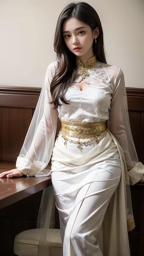 a woman sitting on a chair carrying a canang_sari, traditional Balinese clothing, wearing ornate clothing, traditional beauty, (((kebaya_bali)), wearing intricate white lace, golden patterned female Balinese kamen, (((kebaya_bali))) clothing, Balinese cost...