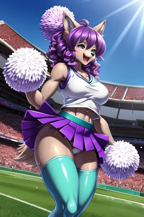 (((Wolf ))),(((Wolf girl))),anthro dog girl, body fur,cheerleader,HD,sharp,beautiful and detailed,woman ((anthro)),subdued Lavender color skin, ((long purple hair)),(((ojou curls))),(A woman sweating and dancing vigorously with her legs up:1.3)、(teal cheer...