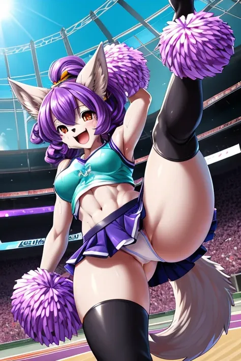 (((Wolf ))),(((Wolf girl))),anthro dog girl, body fur,cheerleader,HD,sharp,beautiful and detailed,woman ((anthro)),subdued Lavender color skin, ((long purple hair)),(((ojou curls))),(A woman sweating and dancing vigorously with her legs up:1.3)、(teal cheer...