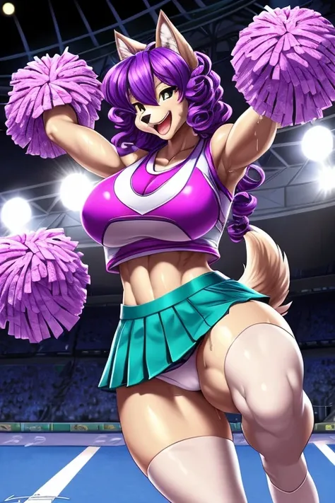 (((Wolf ))),(((Wolf girl))),anthro dog girl, body fur,cheerleader,HD,sharp,beautiful and detailed,woman ((anthro)),subdued Lavender color skin, ((long purple hair)),(((ojou curls))),(A woman sweating and dancing vigorously with her legs up:1.3)、(teal cheer...