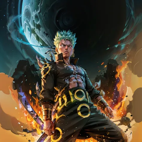 (masterpiece, 4k, 8k, best quality:1.2), zoro from one piece, fused with goku, wearing the naruto six paths suit.

zoro, with hi...