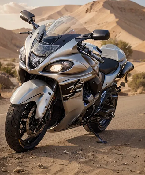 futuristic hayabusa motorcycle in a desert landscape, motorcycle in white color, single object, contoured shading, cinematic, high resolution, perfect, cinematic, details