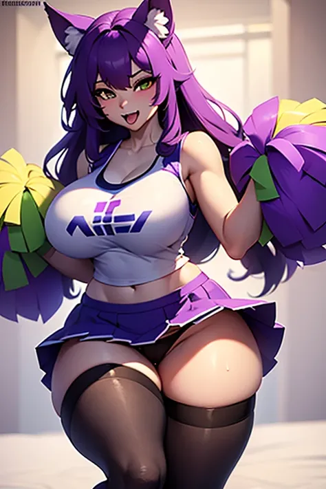 (((Wolf ))),(((Wolf girl))),anthro dog girl, body fur,cheerleader,HD,sharp,beautiful and detailed,woman ((anthro)),subdued Lavender color skin, ((long purple hair)),(((ojou curls))),(A woman sweating and dancing vigorously with her legs up:1.3)、(teal cheer...