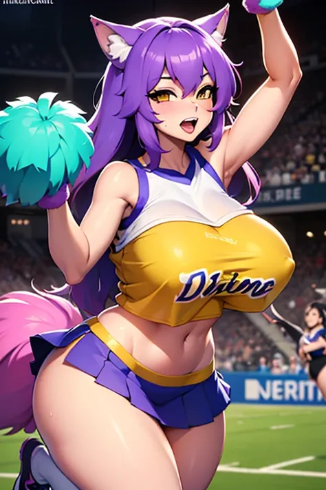 (((Wolf ))),(((Wolf girl))),anthro dog girl, body fur,cheerleader,HD,sharp,beautiful and detailed,woman ((anthro)),subdued Lavender color skin, ((long purple hair)),(((ojou curls))),(A woman sweating and dancing vigorously with her legs up:1.3)、(teal cheer...