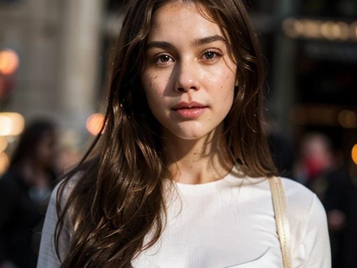 Stunning cinematic photo of a 20 year old girl with brown hair and green eyes, happy and joyful expression, closed mouth, beautiful lips, intricate details, shallow depth of field, highly detailed, high budget, epic Hollywood movie, splendid, masterpiece ,...