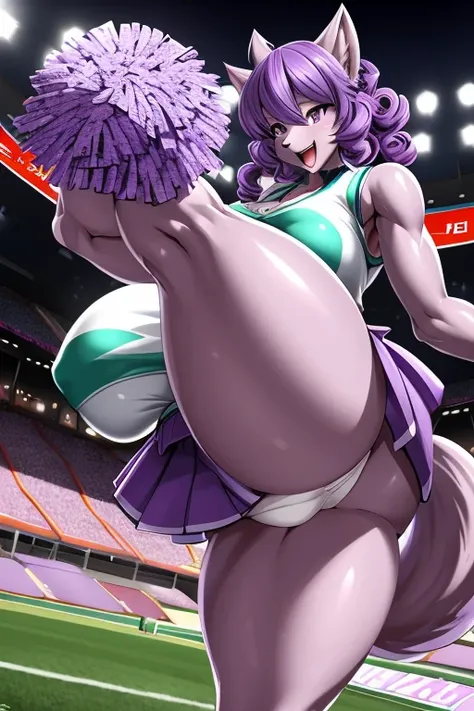 (((Wolf ))),(((Wolf girl))),anthro dog girl, body fur,cheerleader,HD,sharp,beautiful and detailed,woman ((anthro)),((((subdued Lavender color skin)))), ((long purple hair)),(((ojou curls))),(A woman sweating and dancing vigorously with her legs up:1.3)、(te...