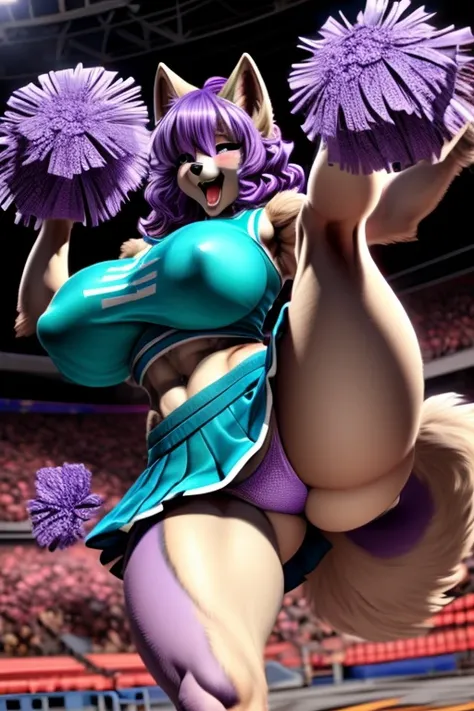 (((Wolf ))),(((Wolf girl))),anthro dog girl, body fur,cheerleader,HD,sharp,beautiful and detailed,woman ((anthro)),((((subdued Lavender color skin)))), ((long purple hair)),(((ojou curls))),(A woman sweating and dancing vigorously with her legs up:1.3)、(te...