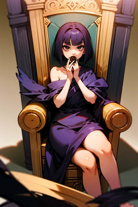 raven sitting on a large throne, cookie in her mouth, naked, bored.