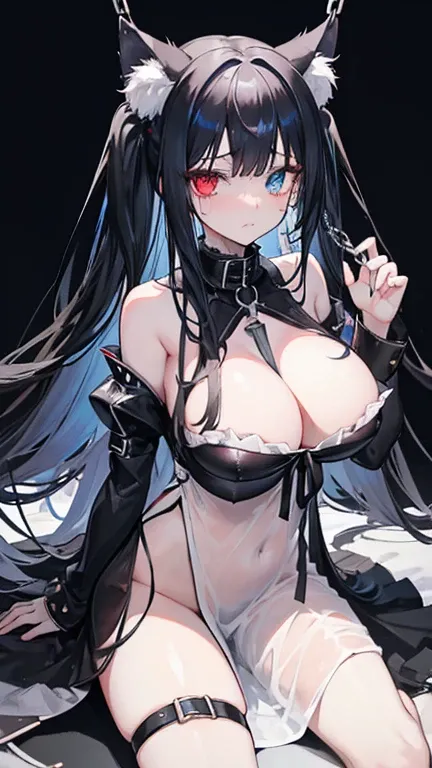 1 girl, long black and blue hair, blue heterochromia, red heterochromia, black cat ears, transparent and torn white dress, sad expression, crying, tears, slave collar, huge breasts, visible breasts, exposed breasts, visible nipples, nipples exposed, chaine...