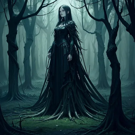 a monster,(((tree))),(tree monster),sole,moving twisted tree with skeletons,dead rotting skin on the face,detailed rotting peeling dead skin,full body view,(in the dark green forest),overgrown tomb,woodland cemetery,dark cursed forest,nocturnal environment...