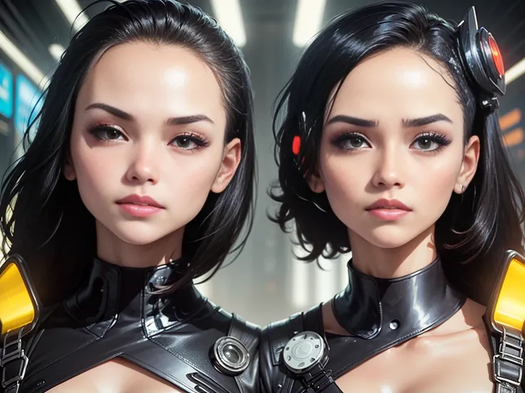 (Beautiful cyberpunk identical Asian twin girls (Embraced)), tiro de vaqueiro, ((ultra detalhado neon cyberpunk futurista cidade )), black Cabelo longo e sem forma, detalhado e intrincado ((fundo das ruas da cidade cyberpunk)), with high-tech holographic p...