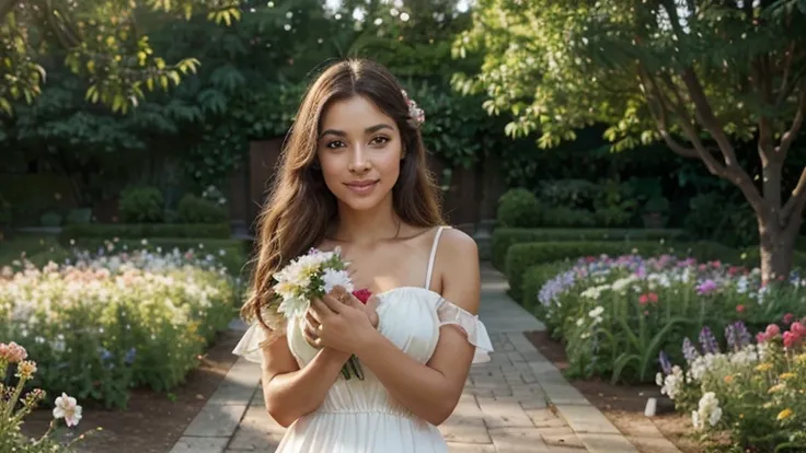 A girl with Jesus and planet Earth at her feet,surrounded by a beautiful garden at sunset, holding a bouquet of vibrant flowers,basking in the soft warm glow of the golden hour(best quality,ultra-detailed,realistic:1.37),exquisite oil painting, with every ...