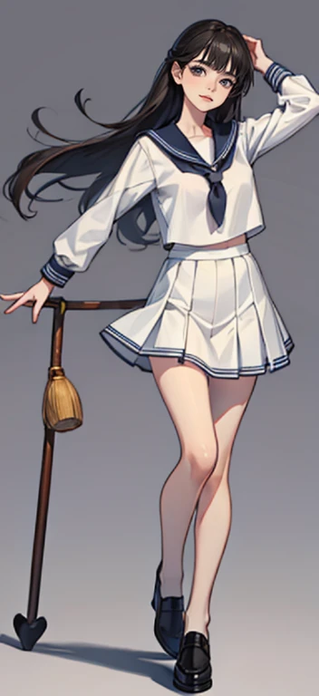 Beauty all over the body，Sailor suit ，leather shoes，Stand head-on，a skirt，greybackground