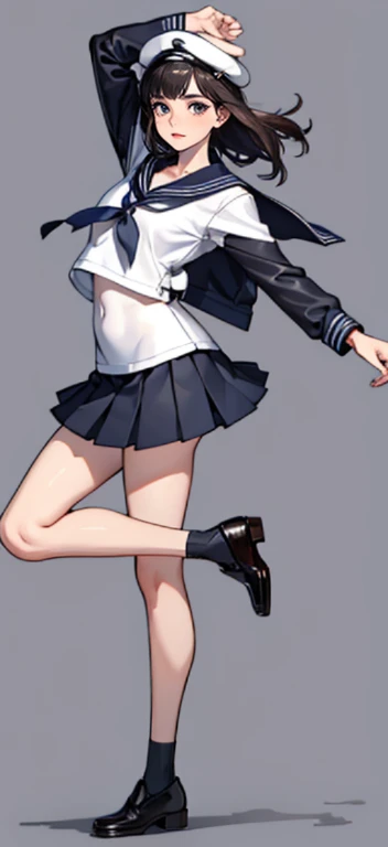 Beauty all over the body，Sailor suit ，leather shoes，Stand head-on，a skirt，greybackground