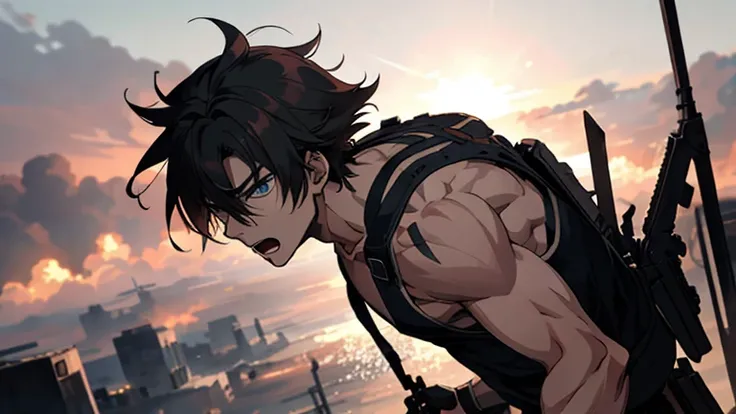 action shot of a cute anime guy in apocalyptic setting, close up