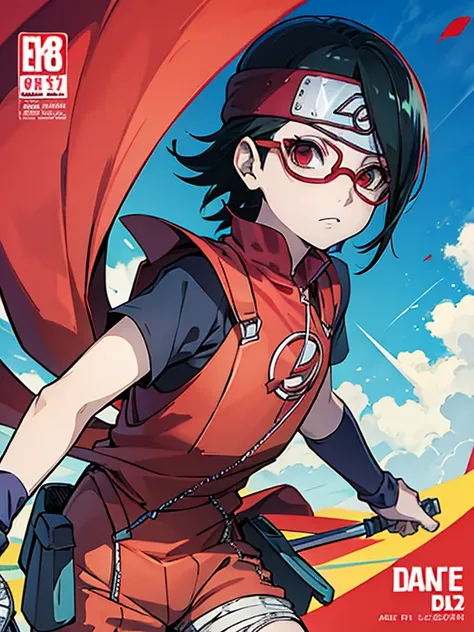 Sarada Uchiha,overalls，Estilo de capa de quadrinhos，Comic book cover title,super hero land