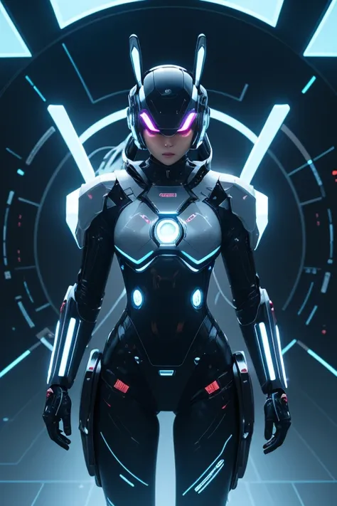 A futuristic robotic woman with purple eyes.