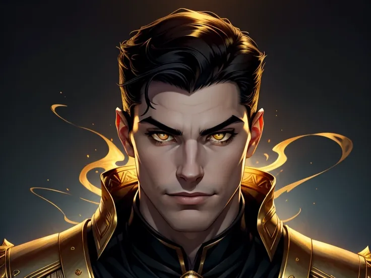 masterpiece, best quality, realistic, 1boy, mature male, quiet and charming young teen, 19 year old, a smirk, closed mouth, pale skin, portrait, extremely detailed face, cold and smirk, ((gold eyes)), ((short-right-swept dark black hair)), [thick eyebrows]...