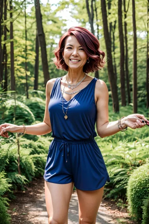 Mature woman, beautiful woman, looking at the viewer, maroon hair, short hair, dark blue romper, chubby, arms open for a hug, forest, heart-shaped locket, diamond tennis bracelet on her left wrist, sunny, wedding ring, joyful, 
