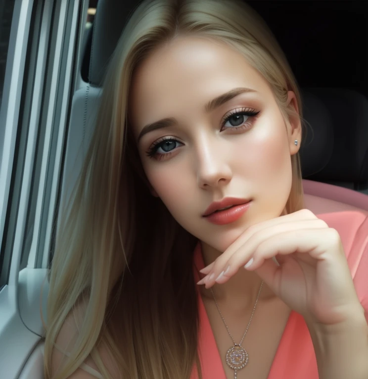 Blonde woman in white dress sitting in car with her hand on her head,  sedutora, seios grandes,  labios carnudos, despir, nua, gostosa, surrealista, embelezar, 8k, 