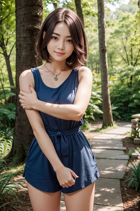 Mature woman, beautiful woman, looking at the viewer, maroon hair, short hair, dark blue romper, chubby, arms open for a hug, forest, heart-shaped locket, sunny, wedding ring, joyful, kukri in her hand.
