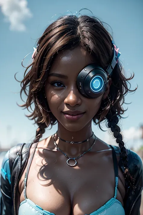 technological, advertising poster. close-up, a modern dark-skinned girl, with neatly laid afro braids on her head, looks into th...